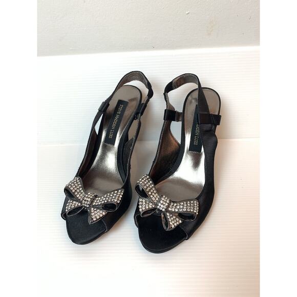 Steve Madden Luxe Black Satin Sling Back Heels Rhinestone Bow Toe US 6.5 - Picture 2 of 15
